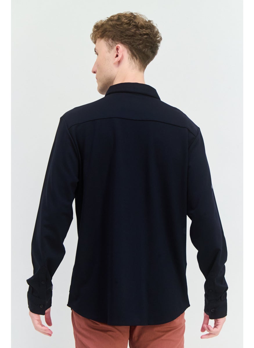 Threadbare Men Regular Fit Plain Long Sleeves Casual Shirt, Navy Blue  - Image 3