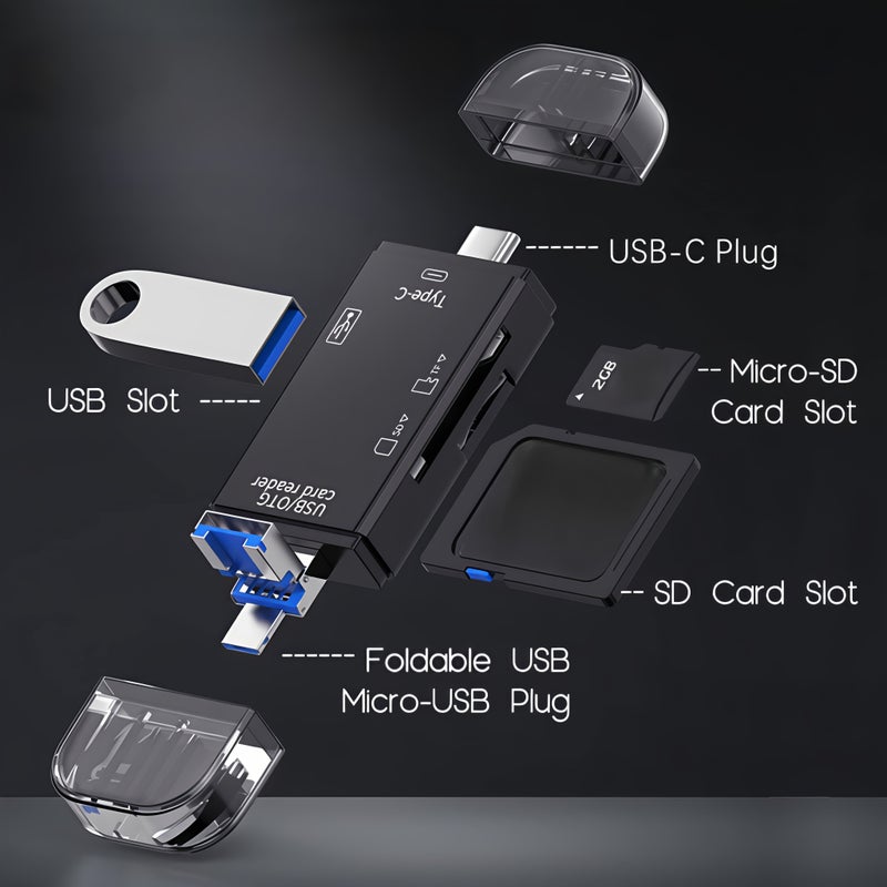أسود 6 في 1 قارئ بطاقات متعدد USB محول OTG للهواتف وأجهزة الكاميرات - Image 4