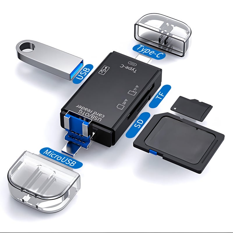 أسود 6 في 1 قارئ بطاقات متعدد USB محول OTG للهواتف وأجهزة الكاميرات - Image 1