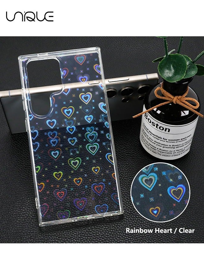 Unique Compatible with Galaxy S24 Ultra Phone Case, Clear Cute Holographic Heart Phone Case, Glittering Rainbow Heart Design Phone Case - Stylish and Simple Phone Case - TPU Drop Protection - Image 2