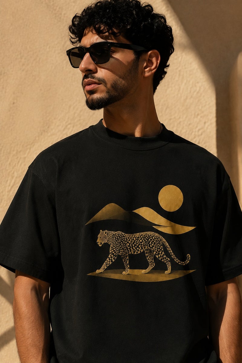 Men's Black Leopard Graphic T-Shirt Casual Short Sleeve Crew Neck Streetwear Tee - Image 1