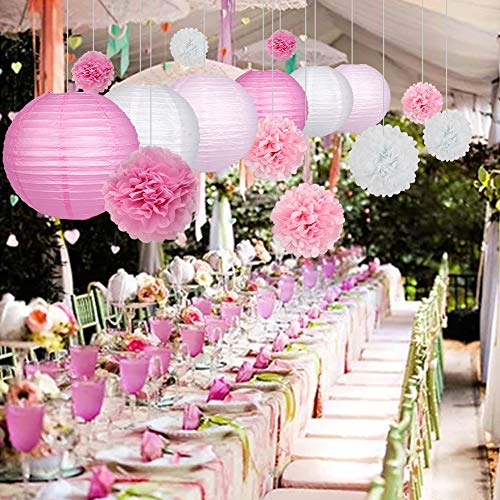 Zilue 15Pcs Party Pack Paper Lanterns and Pom Pom Balls Hanging Decoration for Wedding Birthday Baby Shower-Pink/White - Image 5