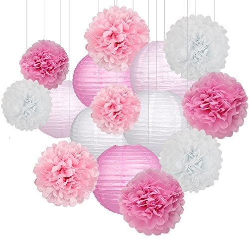 Zilue 15Pcs Party Pack Paper Lanterns and Pom Pom Balls Hanging Decoration for Wedding Birthday Baby Shower-Pink/White - Image 1