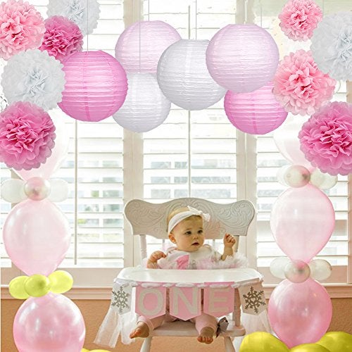 Zilue 15Pcs Party Pack Paper Lanterns and Pom Pom Balls Hanging Decoration for Wedding Birthday Baby Shower-Pink/White - Image 4