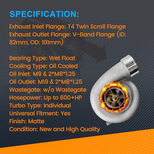 FIWARY GT45 T4 Universal Turbocharger Kit V-Band 1.05 A/R 98mm for 600-800 HP Applications Direct Replacement Automotive Turbo Upgrade - Image 3