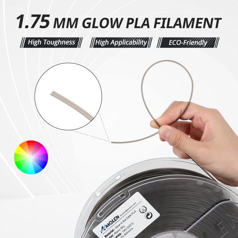 AMOLEN 3D Printer Filament, Shiny Glow in The Dark Filament Green Starry Sky, PLA Filament 1.75mm, Fit Most 3D FDM Printers, 1kg(2.2lbs) Spool - Image 3