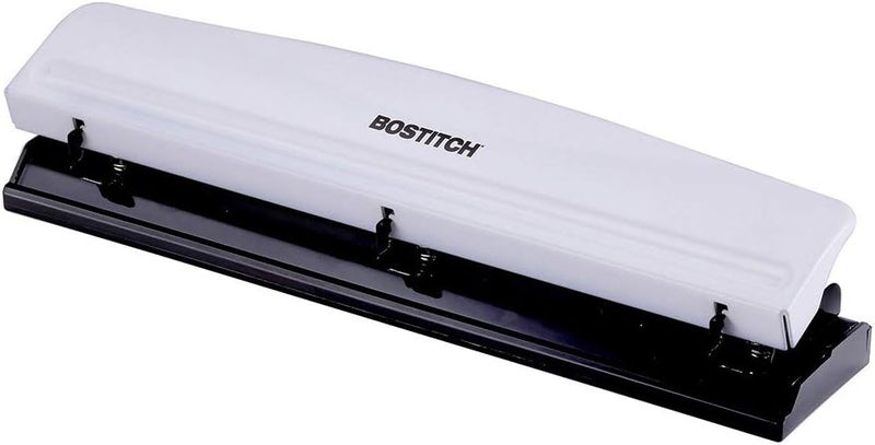 Bostitch Office Premium 3 Hole Punch, 12 Sheet Capacity, Metal, Rubber Base, Easy-Clean Tray, White (KT-HP12-WHITE) - Image 1