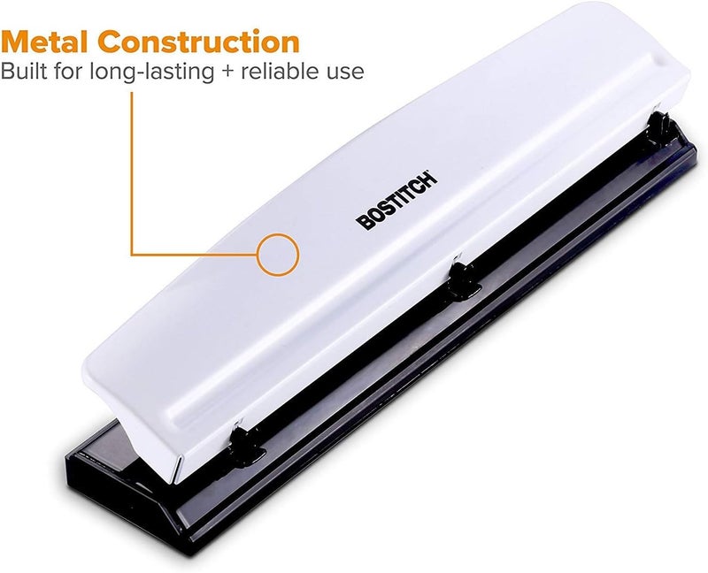 Bostitch Office Premium 3 Hole Punch, 12 Sheet Capacity, Metal, Rubber Base, Easy-Clean Tray, White (KT-HP12-WHITE) - Image 3