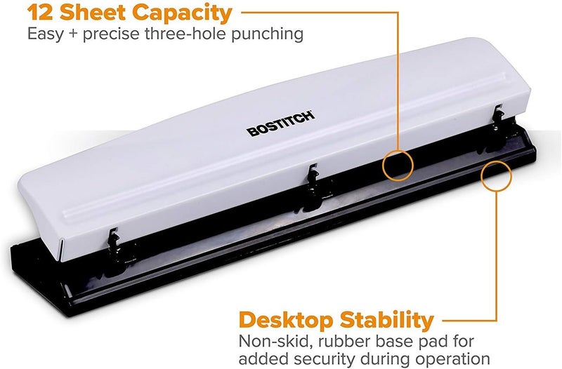 Bostitch Office Premium 3 Hole Punch, 12 Sheet Capacity, Metal, Rubber Base, Easy-Clean Tray, White (KT-HP12-WHITE) - Image 2