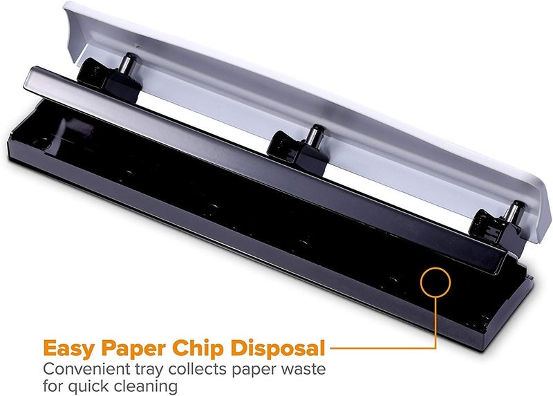 Bostitch Office Premium 3 Hole Punch, 12 Sheet Capacity, Metal, Rubber Base, Easy-Clean Tray, White (KT-HP12-WHITE) - Image 4