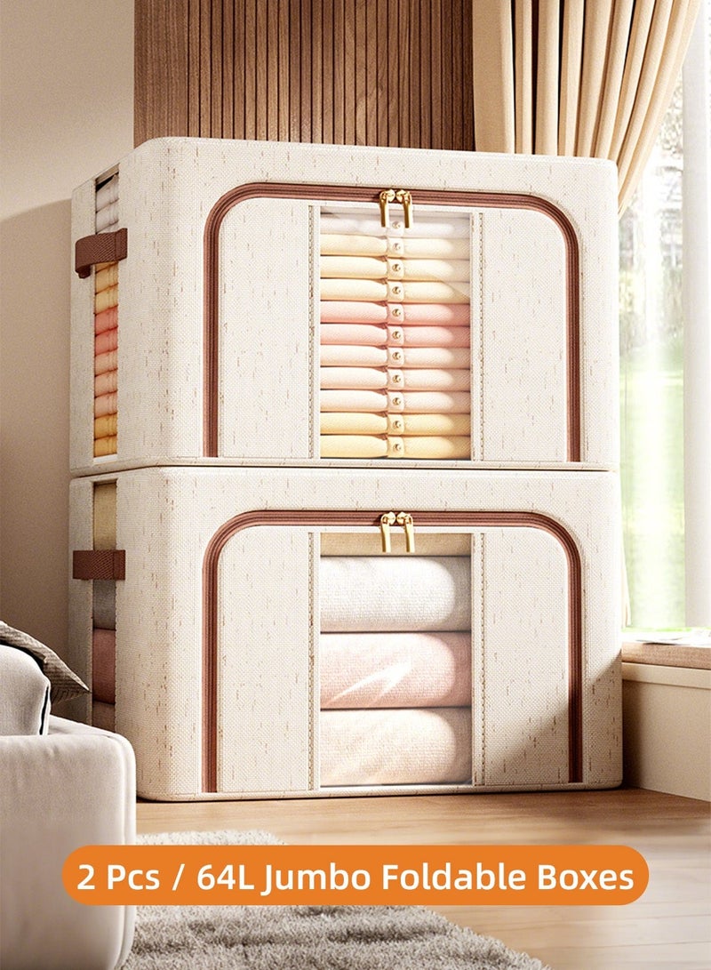 2 Pcs 64L Jumbo Foldable Storage Boxes, Dual-Window Design, Steel Frame, Clear View, Heavy-Duty Fabric - Image 1