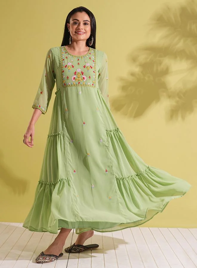 globus Embroidered Yoke Georgette Tiered Maxi Fusion Dress