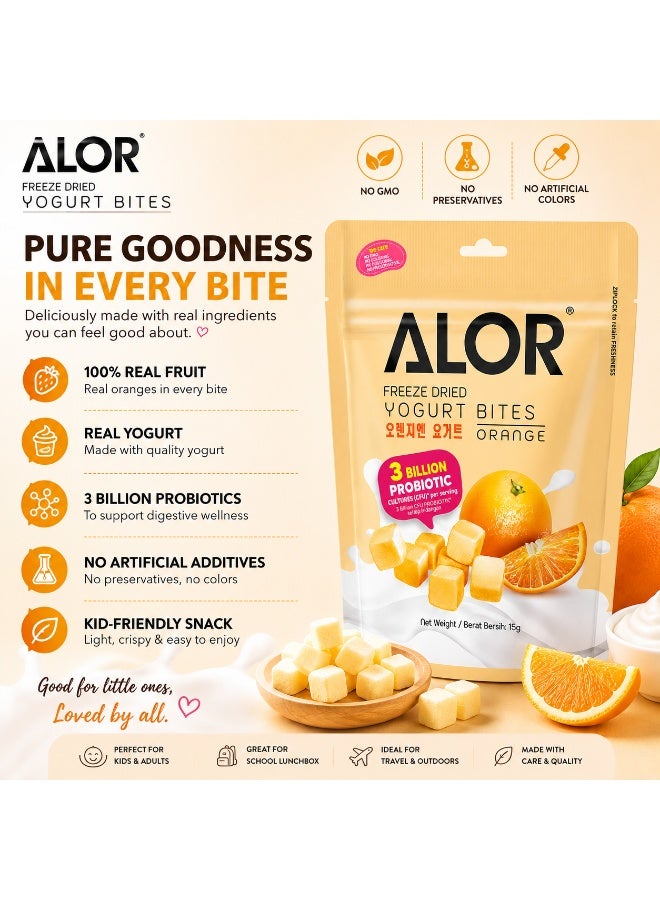 ألور سيجنتشر الإمارات العربية المتحدة قطع الزبادي المجفف بالتجميد "ALOR Signature" بنكهة البرتقال (15 جم) | وجبة خفيفة من الزبادي المجفف بالتجميد | نكهة البرتقال الطبيعية | وجبة خفيفة للأطفال | مناسبة للأطفال من عمر 3 سنوات فما فوق - Image 2
