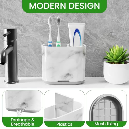 Chintu Toothbrush Holders, 2 Slots Tooth Brush Holder for Bathrooms, Kids Electric Toothbrush and Toothpaste Organizer for Bathroom Countertop Accessories, Shower, Vanity, Storage, Marble/Gray - Image 2