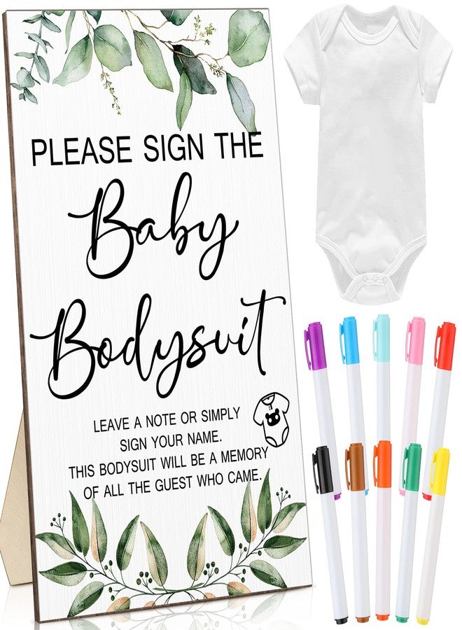 Qunclay 12 Pcs Baby Shower Game Party Favors with White Unisex Baby Bodysuit Wooden Sign Tabletop Decor and Marker(Greenery) - Image 1
