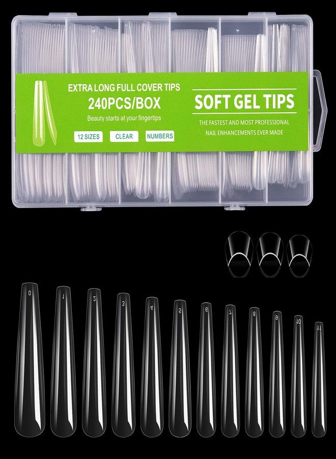 Cycullinyt Long Coffin Nail Tips, 240Pcs Full Cover Soft Gel Nail Tips Pre-shaped 3XL Coffin Shape Clear Acrylic False Nail Fake Nail Extension Press On for Salon Home DIY 12 Sizes - Image 1