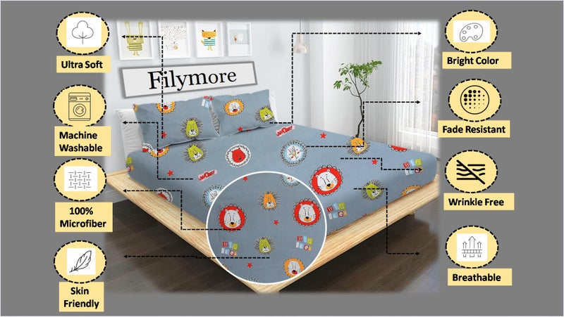 Filymore Lion Double bedsheet for Girls Kid bedsheet for Queen Size Bed 240 TC Microfiber Soft Cartoon bedcover for Kids Room (90x90 Inches)(Dark Grey) - Image 2