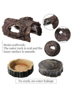 Tallew Reptile Hide, Reptile Food Bowls, Lizard Resin Hollow Tree Trunk Hideout, Bearded Dragon Tank Accessories Reptile Water Dish Habitat Tank Decoration for Lizards, Snake, Gecko, 3 Pcs (Brown Rock)  - Image 3
