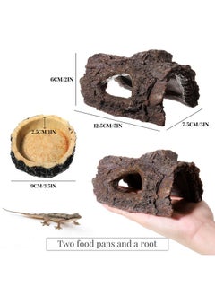 Tallew Reptile Hide, Reptile Food Bowls, Lizard Resin Hollow Tree Trunk Hideout, Bearded Dragon Tank Accessories Reptile Water Dish Habitat Tank Decoration for Lizards, Snake, Gecko, 3 Pcs (Brown Rock)  - Image 2