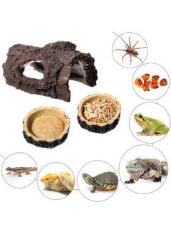 Tallew Reptile Hide, Reptile Food Bowls, Lizard Resin Hollow Tree Trunk Hideout, Bearded Dragon Tank Accessories Reptile Water Dish Habitat Tank Decoration for Lizards, Snake, Gecko, 3 Pcs (Brown Rock)  - Image 4