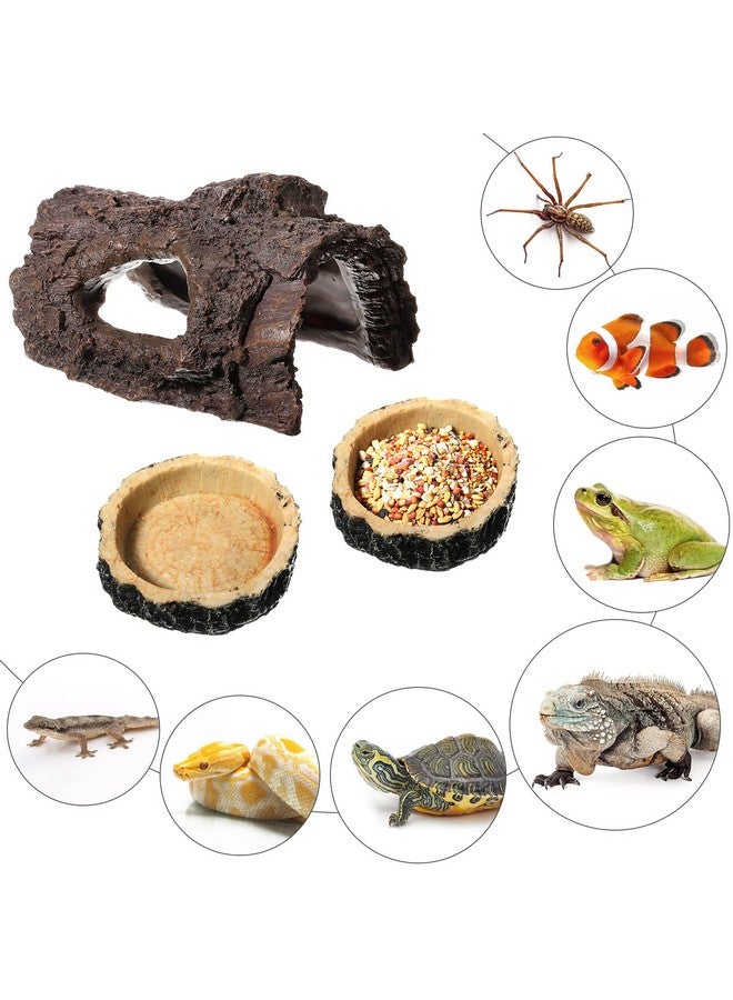 Tallew Reptile Hide, Reptile Food Bowls, Lizard Resin Hollow Tree Trunk Hideout, Bearded Dragon Tank Accessories Reptile Water Dish Habitat Tank Decoration for Lizards, Snake, Gecko, 3 Pcs (Brown Rock) - Image 4