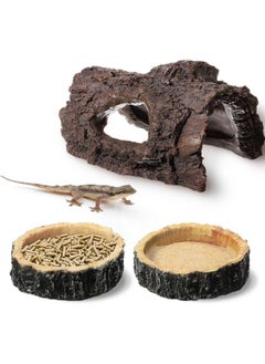 Tallew Reptile Hide, Reptile Food Bowls, Lizard Resin Hollow Tree Trunk Hideout, Bearded Dragon Tank Accessories Reptile Water Dish Habitat Tank Decoration for Lizards, Snake, Gecko, 3 Pcs (Brown Rock)  - Image 1