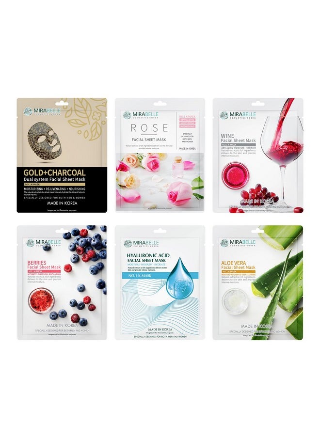 MIRABELLE Cosmetics Korea Dry Skin Korean Face Mask Sheets | Anti-Aging & Hydration| Suitable For Women & Men | Combo Pack Of 6 (Each 25Ml)  - Image 1