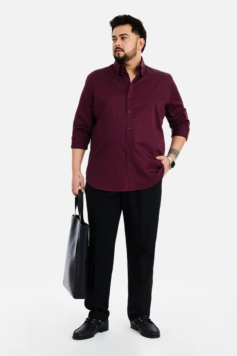 SNITCH Maroon Solid Long Sleeve Regular Fit Plus Size Shirt