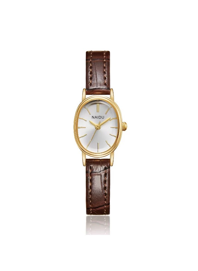NAIDU Women's Leather Strap Quartz Watch, Analog Display Oval Sunburst Textured Dial, Stylish Vintage Watch as Gift for Women - Image 1