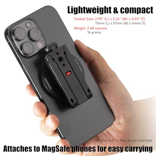 ZELNOOX Ultra-Compact Magnetic Tripod Stand for iPhone 17/16/15/14/13/12 Pro Max Magsafe Case, Adjustable Cellphone Holder with 1/4" Screw & Travel Hook, Aluminum Alloy (Black) - Image 2
