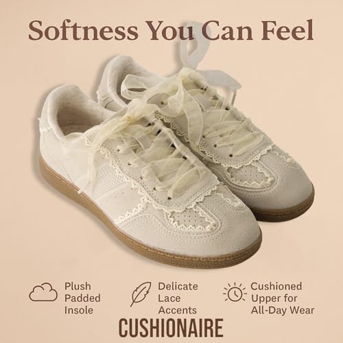 CUSHIONAIRE Belinda Women’s Lace Detail Casual Sneakers – Elegant Ribbon Lace-Up Summer Shoes for Women with Memory Foam, IVORY 6.5 - Image 3