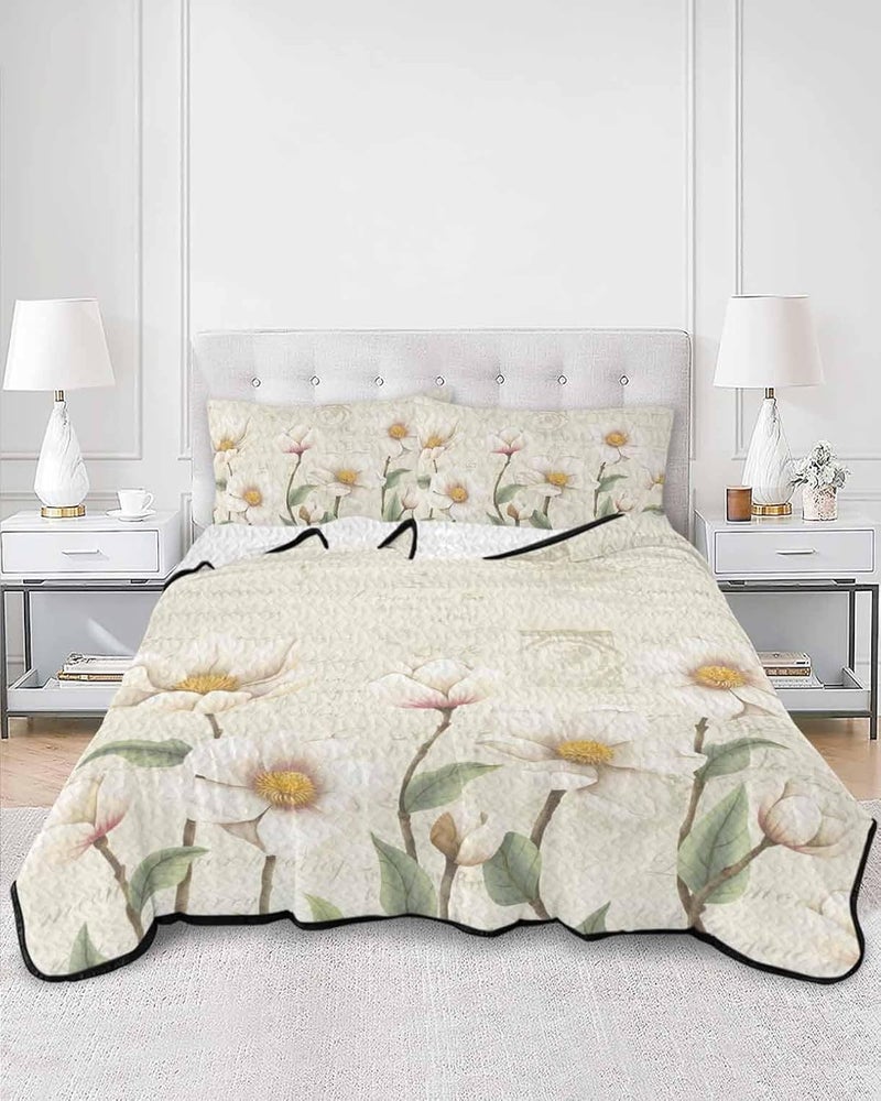Quilts Twin Size Bedding Set, White Floral Lightweight Quilted Comforter, Spring Country Vintage Flower Leaf Plant Soft Reversible Bedspread Coverlet with Pillow Covers for All Season, 68" x 86" - Image 3