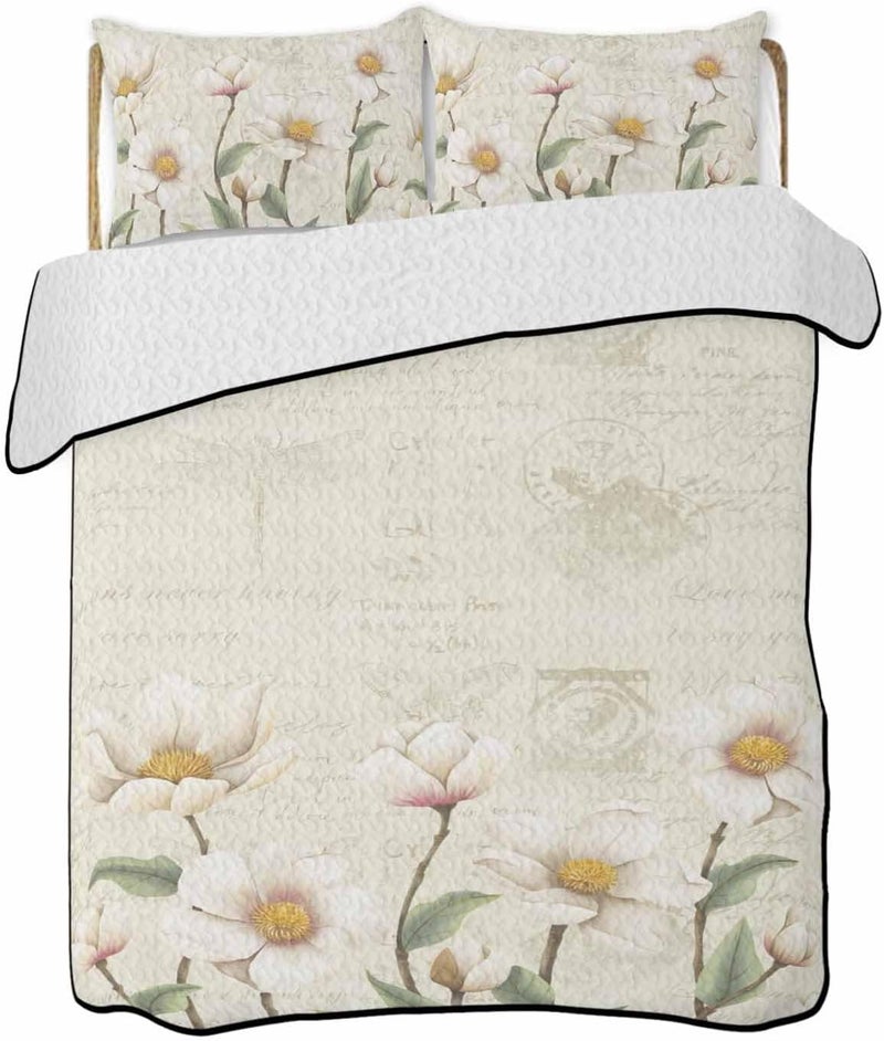 Quilts Twin Size Bedding Set, White Floral Lightweight Quilted Comforter, Spring Country Vintage Flower Leaf Plant Soft Reversible Bedspread Coverlet with Pillow Covers for All Season, 68" x 86" - Image 1