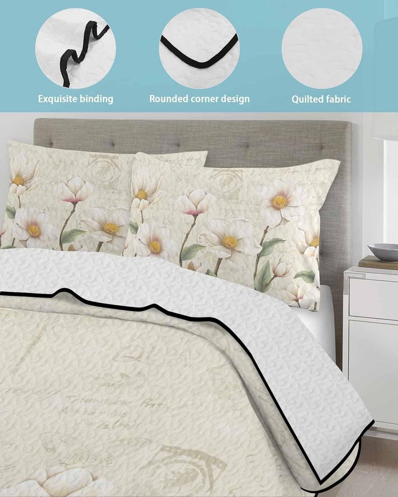 Quilts Twin Size Bedding Set, White Floral Lightweight Quilted Comforter, Spring Country Vintage Flower Leaf Plant Soft Reversible Bedspread Coverlet with Pillow Covers for All Season, 68" x 86" - Image 4