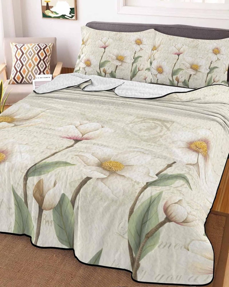 Quilts Twin Size Bedding Set, White Floral Lightweight Quilted Comforter, Spring Country Vintage Flower Leaf Plant Soft Reversible Bedspread Coverlet with Pillow Covers for All Season, 68" x 86" - Image 2