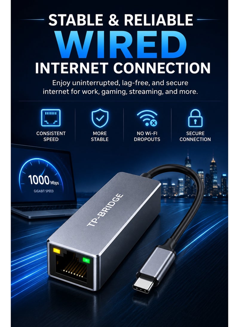 تي بي بردج محول TP-Bridge من USB Type-C إلى Gigabit Ethernet RJ45 LAN للشبكات لأجهزة الكمبيوتر المحمولة التي تعمل بنظام Windows و macOS و Linux والأجهزة اللوحية وأجهزة USB-C - Image 5