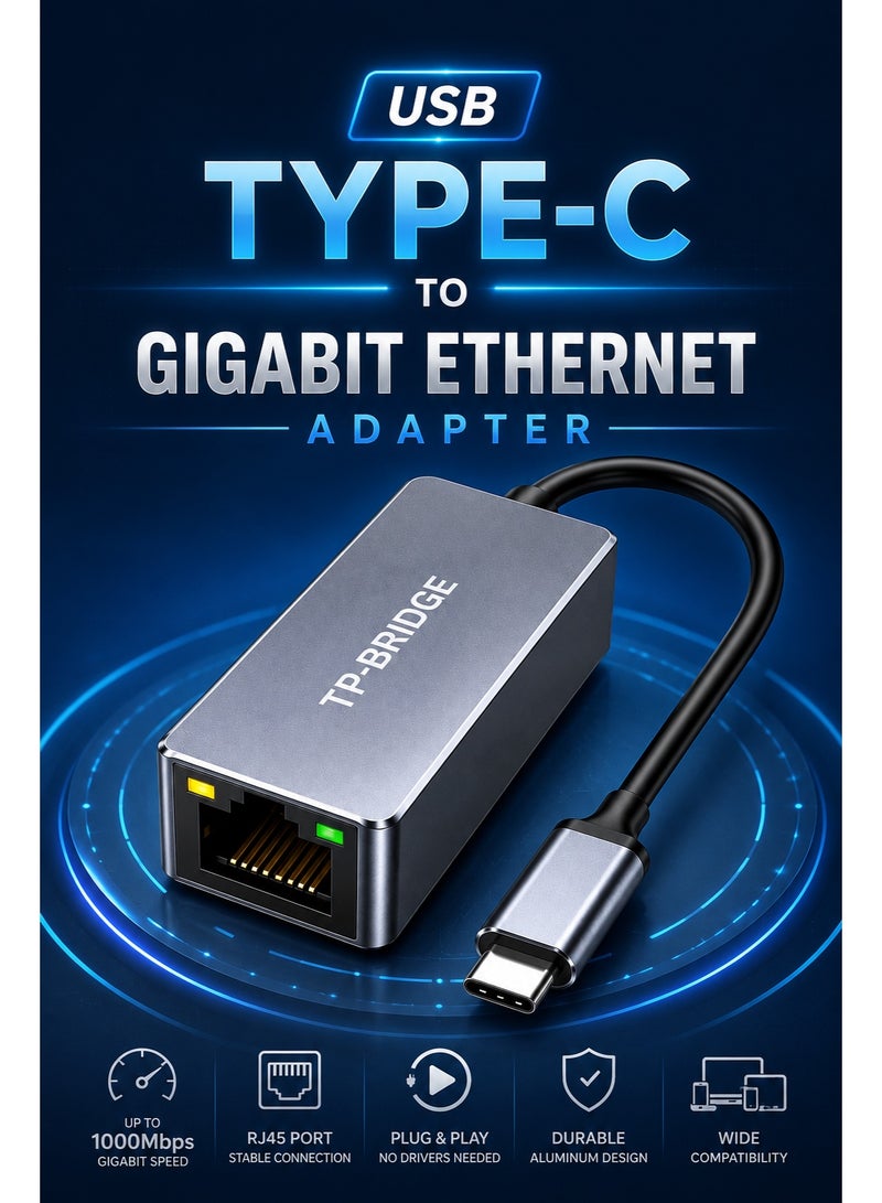 تي بي بردج محول TP-Bridge من USB Type-C إلى Gigabit Ethernet RJ45 LAN للشبكات لأجهزة الكمبيوتر المحمولة التي تعمل بنظام Windows و macOS و Linux والأجهزة اللوحية وأجهزة USB-C - Image 3