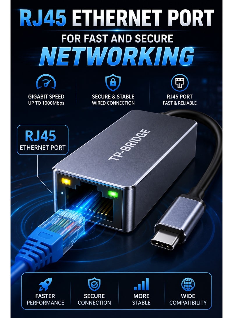 تي بي بردج محول TP-Bridge من USB Type-C إلى Gigabit Ethernet RJ45 LAN للشبكات لأجهزة الكمبيوتر المحمولة التي تعمل بنظام Windows و macOS و Linux والأجهزة اللوحية وأجهزة USB-C - Image 4