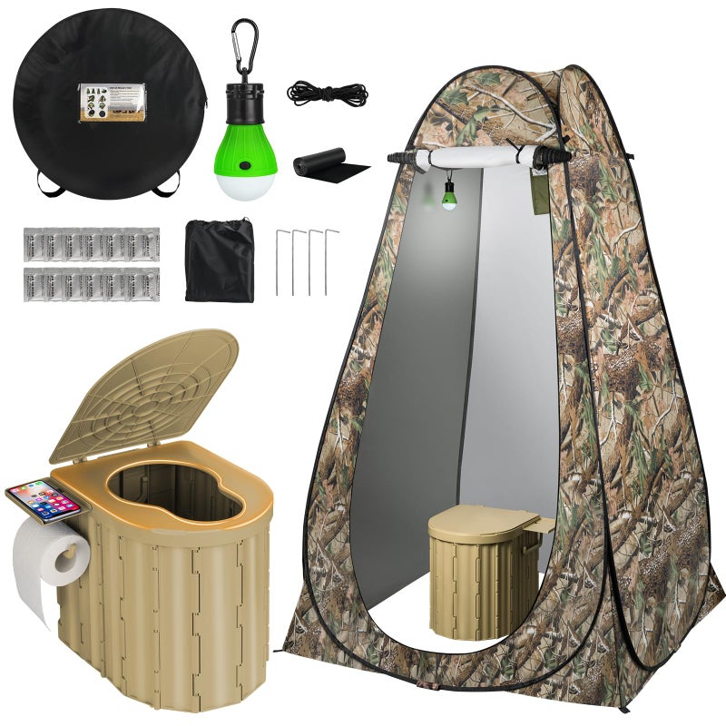 Thallike Portable Toilet with Tent, Privacy Pop Up Tent with LED Lights Camp Bathroom for Adults Outdoor Camping Travel Toilet Tent Kit with Toilet Bags & Liquid Waste Gel - Image 1