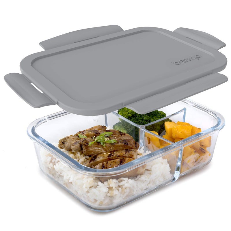 Bentgo Glass Lunch Box  LeakProof BentoStyle Food Container with Airtight Lid and Divided 3Compartment Design  5 Cup Capacity for Meal Prepping and PortionControlled Meals for Adults Gray