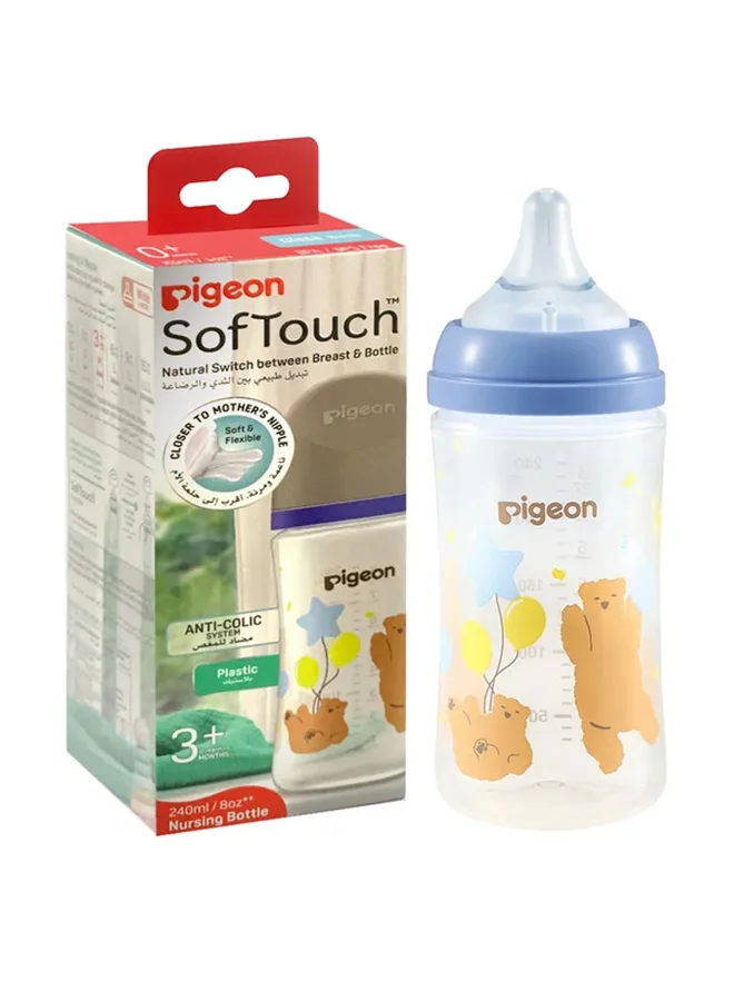 pigeon Softouch Wide Neck Peristaltic Plus Decorated Nursing Bottle, SS Nipple Size, Bpa Free, 0+ Months, 240ML - Assorted