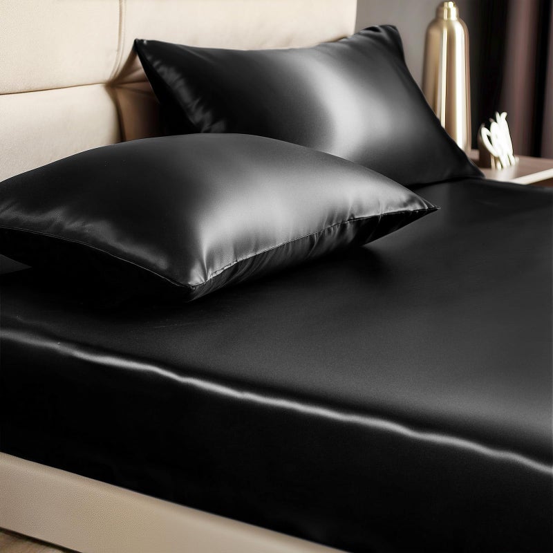 BEDELITE Satin Fitted Sheet and Pillowcases Set, Luxury Soft Similar to Silk Bottom Bed Sheet with Elastic Corner Straps, Deep Pocket up to 15 Inch, 1 Fitted Sheet and 2 Pillowcases(King, Black) - Image 1