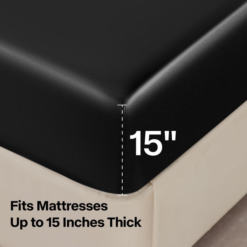 BEDELITE Satin Fitted Sheet and Pillowcases Set, Luxury Soft Similar to Silk Bottom Bed Sheet with Elastic Corner Straps, Deep Pocket up to 15 Inch, 1 Fitted Sheet and 2 Pillowcases(King, Black) - Image 5