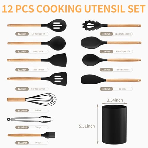 Weozhcie Silicone Cooking Utensil Set12 PCS Cooking Cookware Kitchen Utensils Set for Cooking Nonstick 446F HeatResistant Cookware Kitchen Tools of SpoonBrushWhiskSpatulaTurner Tongs Black - Image 3