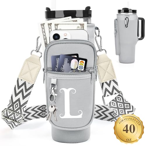 LOKASS Personalized Water Bottle Holder with Strap for Stanley Cup Accessories 40 oz Initial for Stanley Cup Holder Carrier Bag with Phone Pocket Everyday Carry Tumbler Accessories Gray - Image 1