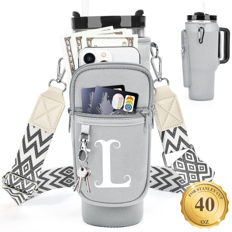 LOKASS Personalized Water Bottle Holder with Strap for Stanley Cup Accessories 40 oz Initial for Stanley Cup Holder Carrier Bag with Phone Pocket Everyday Carry Tumbler Accessories Gray - Image 2