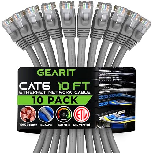 GearIT Cat 6 Ethernet Cable (10-Pack 10 Feet) Cat6 Network Patch, 10Gbps, RJ45, Snagless Cord, Gold-Plated Connectors, Internet for PC, TV, Tablet, Router, Printer, Servers, IT Data Center - Gray - Image 1