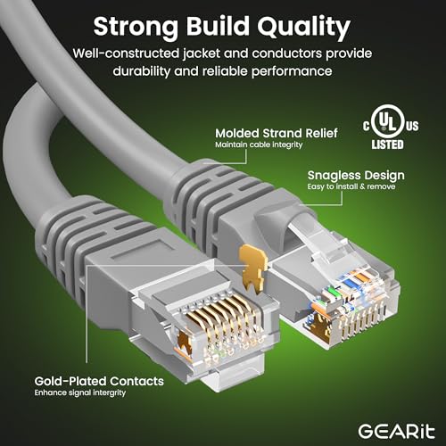 GearIT Cat 6 Ethernet Cable (10-Pack 10 Feet) Cat6 Network Patch, 10Gbps, RJ45, Snagless Cord, Gold-Plated Connectors, Internet for PC, TV, Tablet, Router, Printer, Servers, IT Data Center - Gray - Image 2