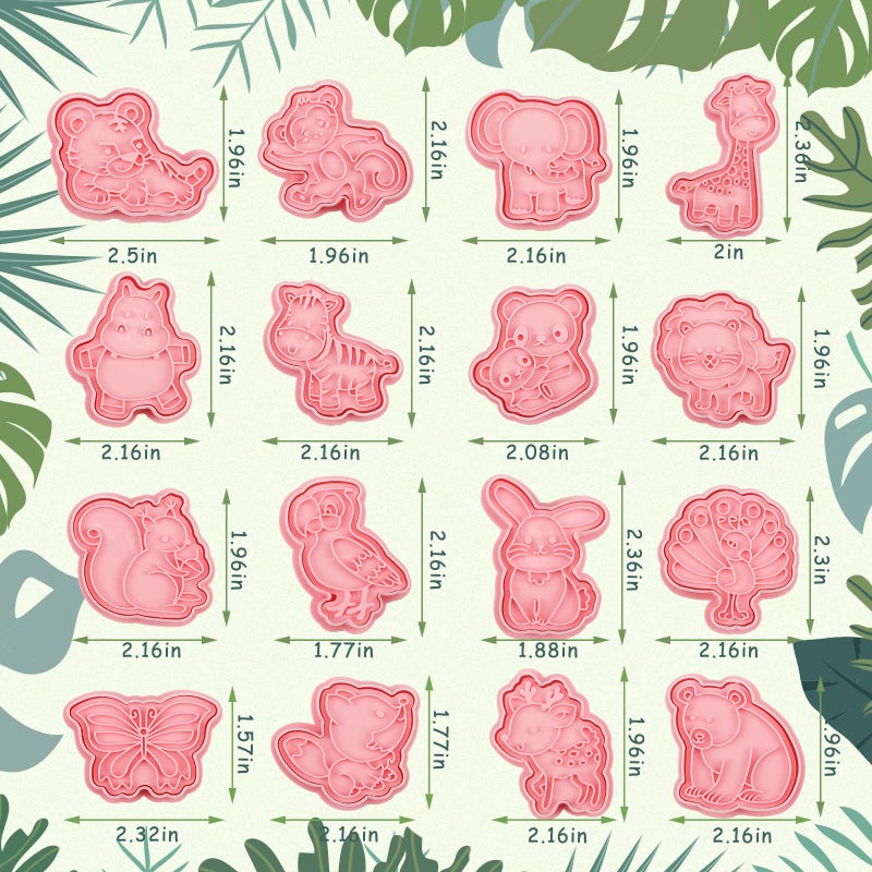 Hoolerry مجموعة قواطع بسكويت الحيوانات 16 قطعة مع طوابع دفع شكل حيوانات ثلاثية الأبعاد - Image 2