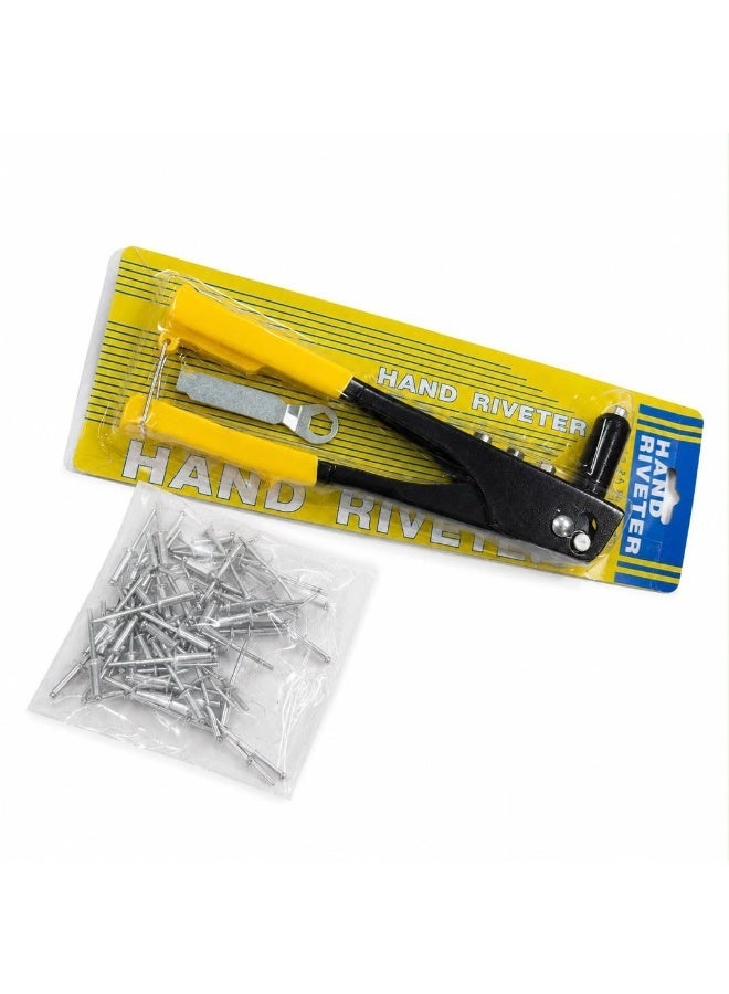 Manual Double Handle Rivet Gun – Stainless Steel – Single Piece – One-Hand Operation & Strong Fixing & 4 mm × 14 mm Rivets (Pack of 50) – Dome Head Blind Rivets with Aluminum Body and Steel Mandrel for Metal and Sheet Fastening Bundle - Image 1